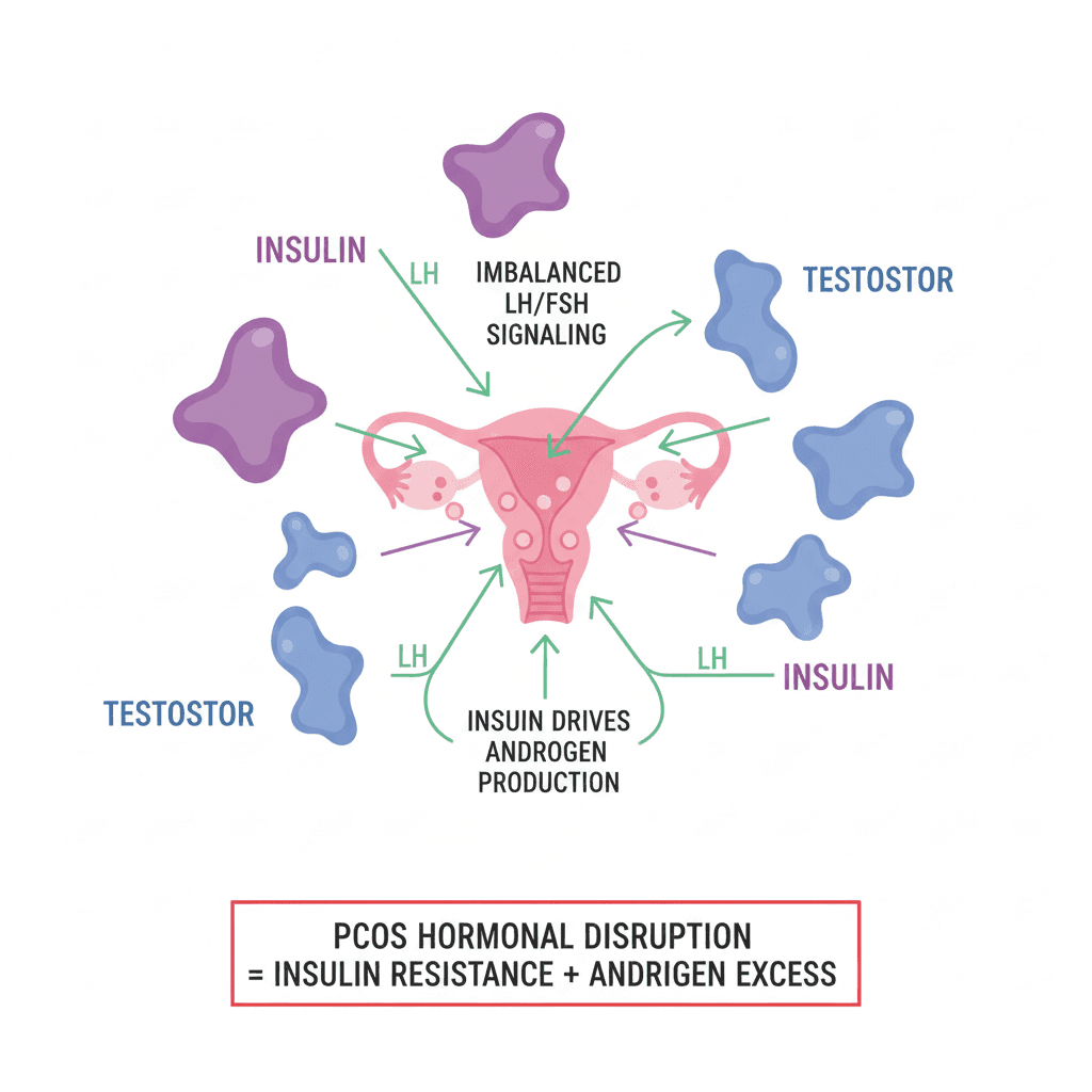 PCOS hormonal imbalance showing high insulin and androgens affecting weight